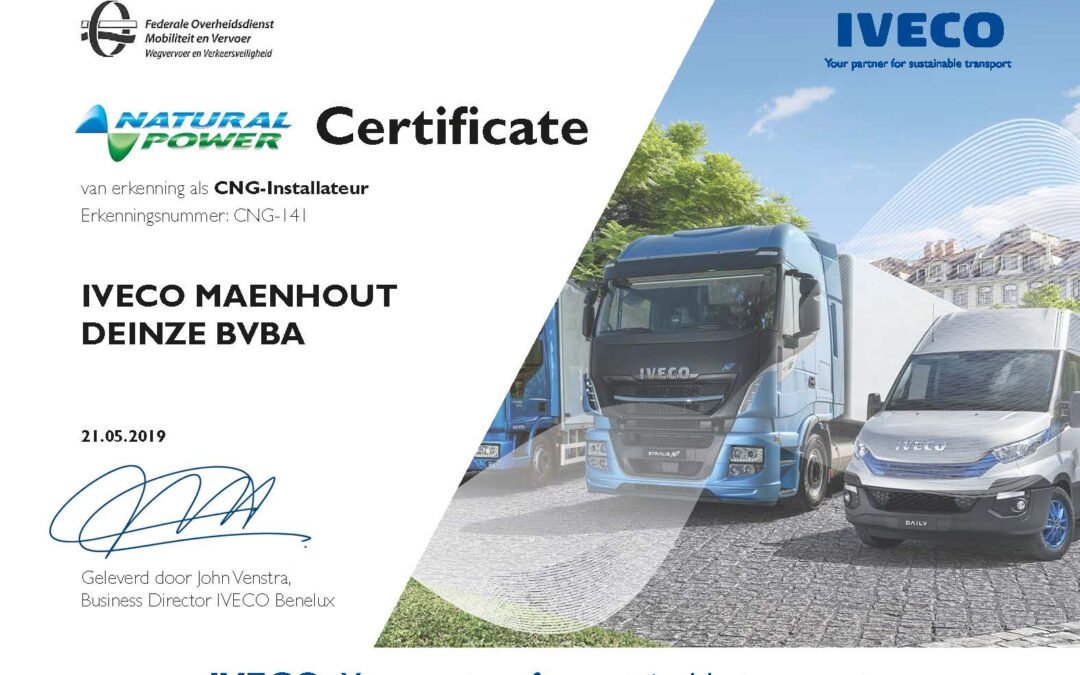 IVECO MAENHOUT Deinze – concessionnaire IVECO vient de recevoir la certification officielle en tant Installateur certifié Gaz Naturel (GNC/GNL)