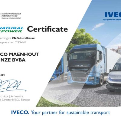 IVECO MAENHOUT Roeselare, concessiehouder van IVECO heeft zopas zijn officieel certificaat van Erkend Aardgasinstallateur (CNG/LNG) bemachtigd