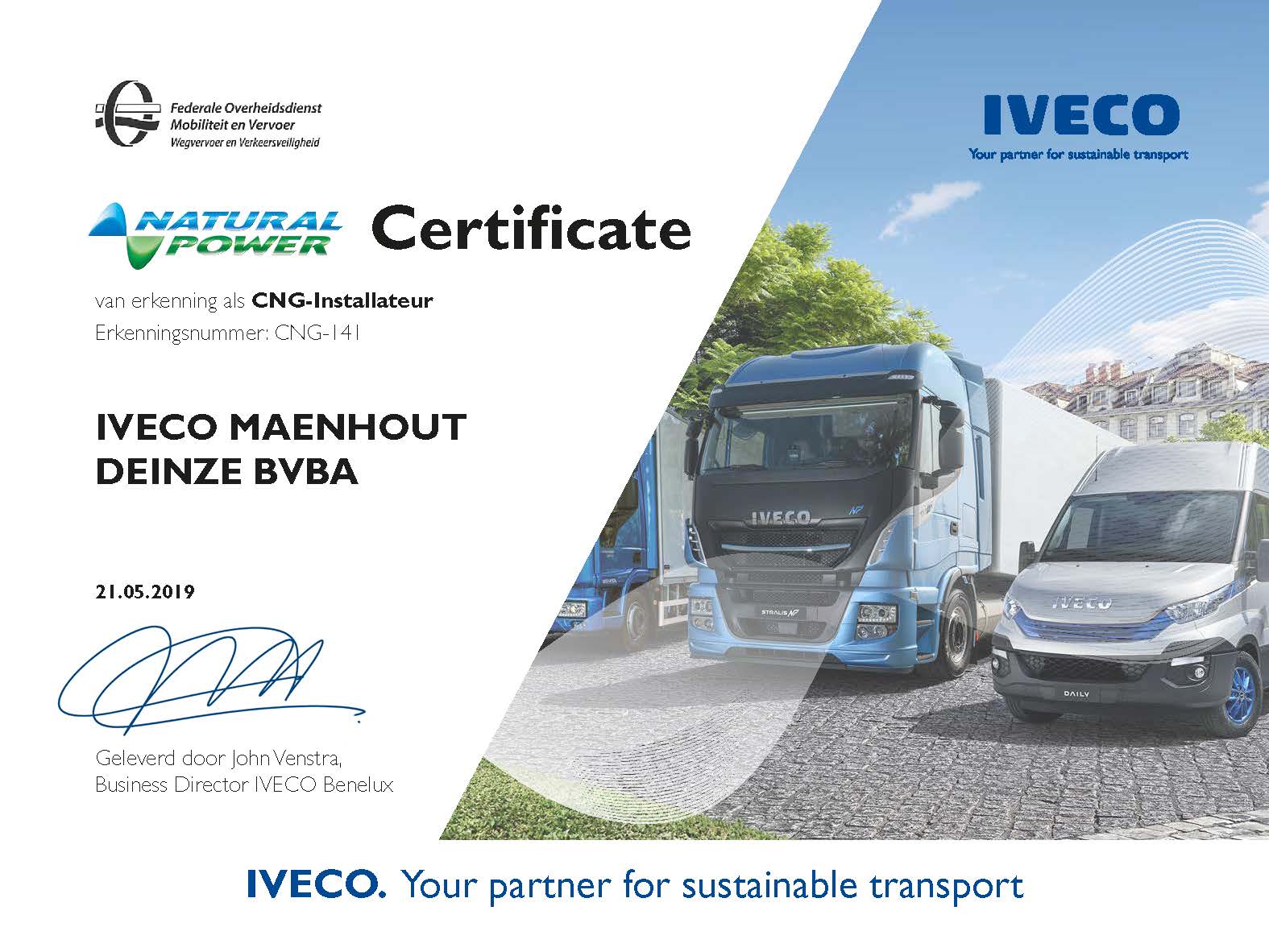 IVECO MAENHOUT Deinze – concessionnaire IVECO vient de recevoir la certification officielle en tant Installateur certifié Gaz Naturel (GNC/GNL)